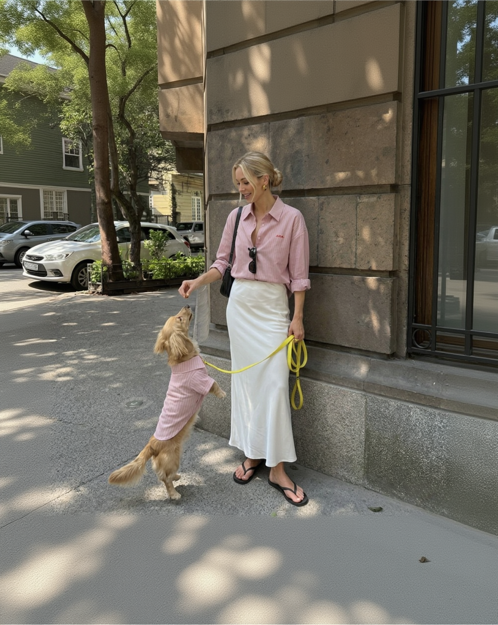 Woman in pink shirt and white skirt standing on a sidewalk with a dog in a pink outfit.