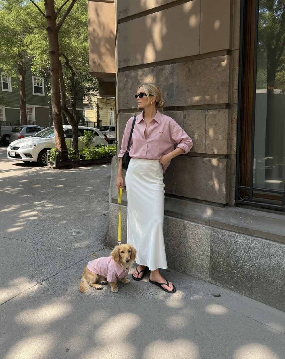 Woman in pink shirt and white skirt standing on a sidewalk with a dog in a pink outfit.