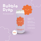 Can of Bubble Drop detergent with cartoon flowers on a purple background