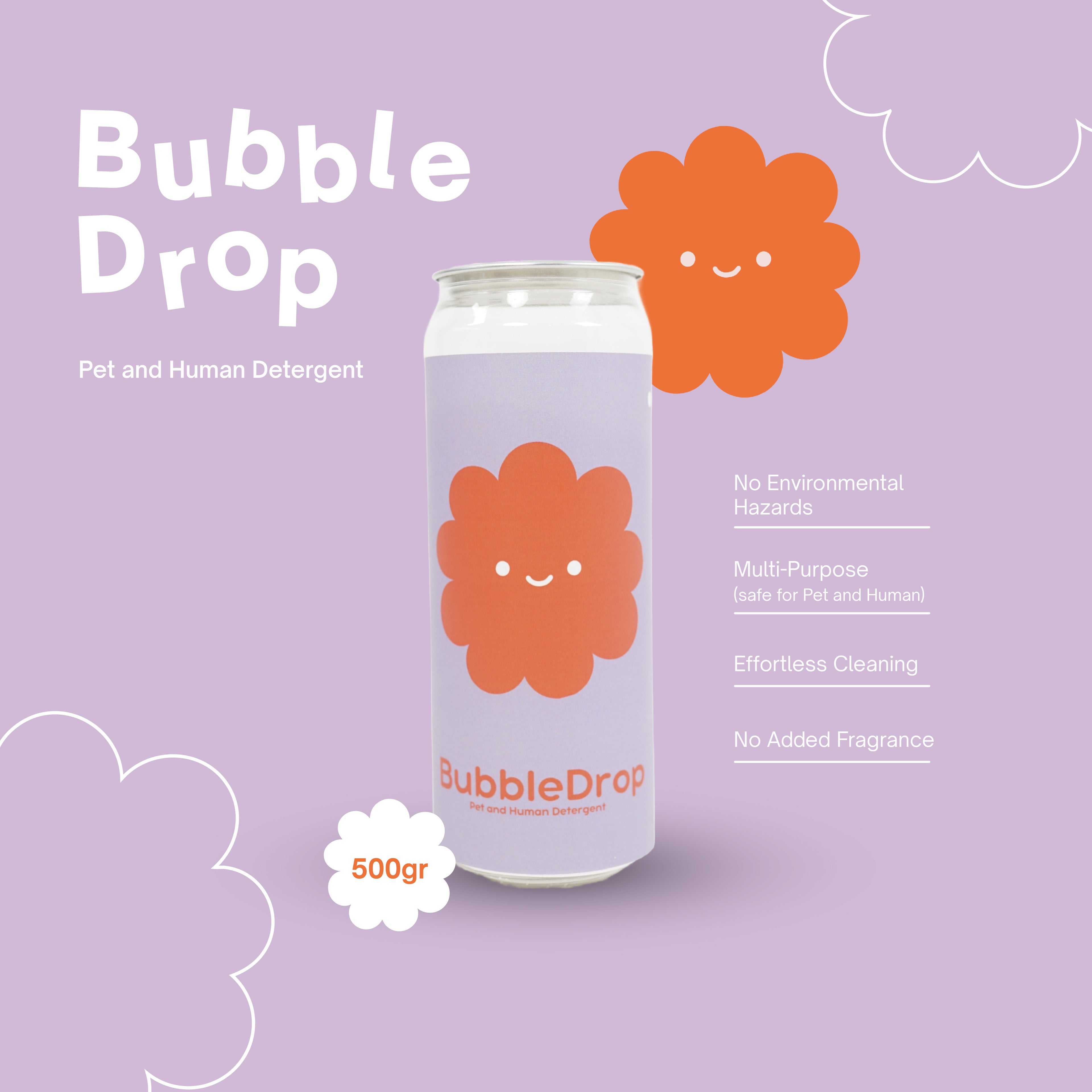 Can of Bubble Drop detergent with cartoon flowers on a purple background
