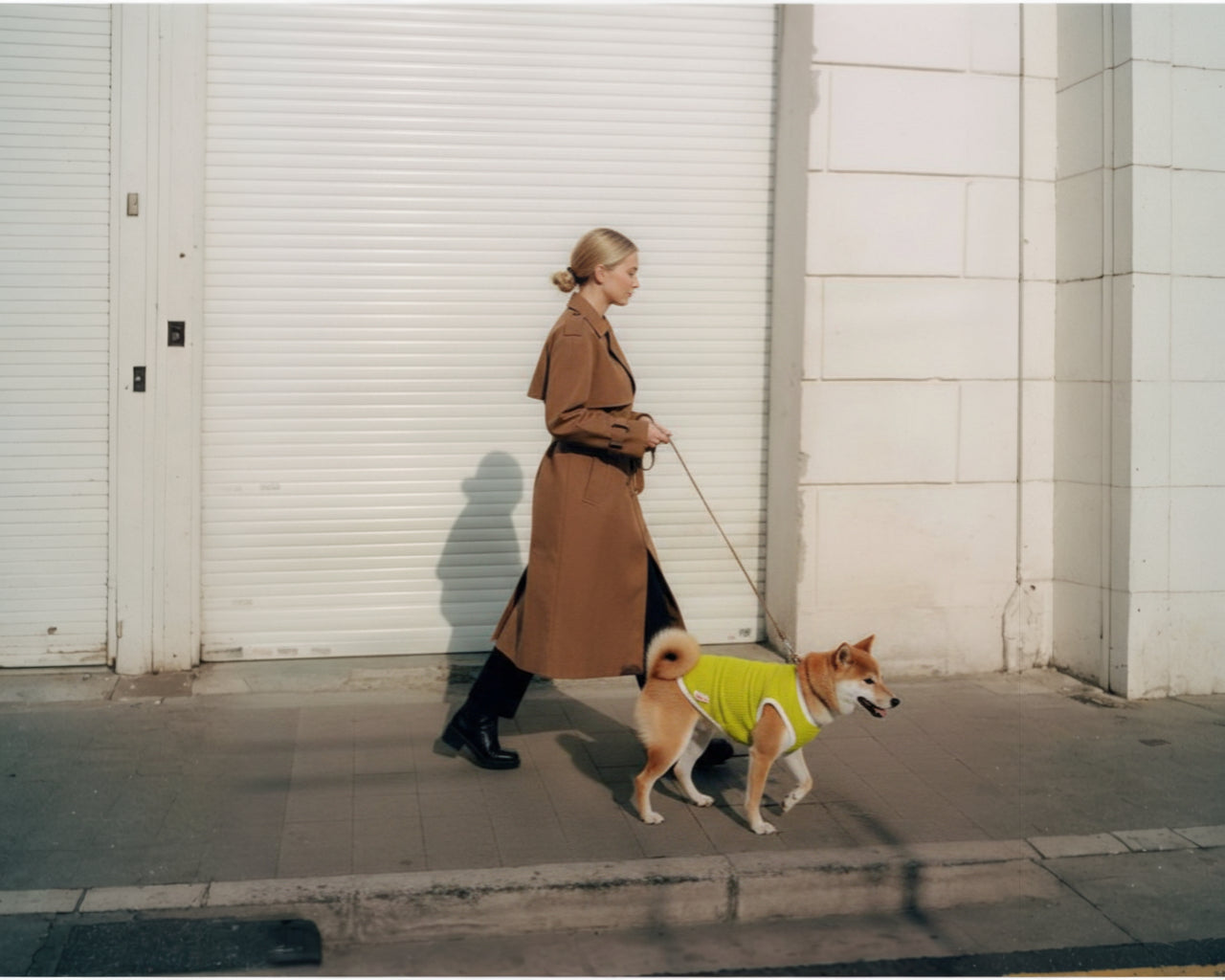 Woman walking a dog on a leash in an urban setting
