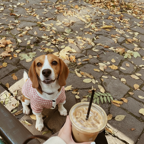 Dog in a checkered coat holding a cup of coffee on a cobblestone street with autumn leaves.