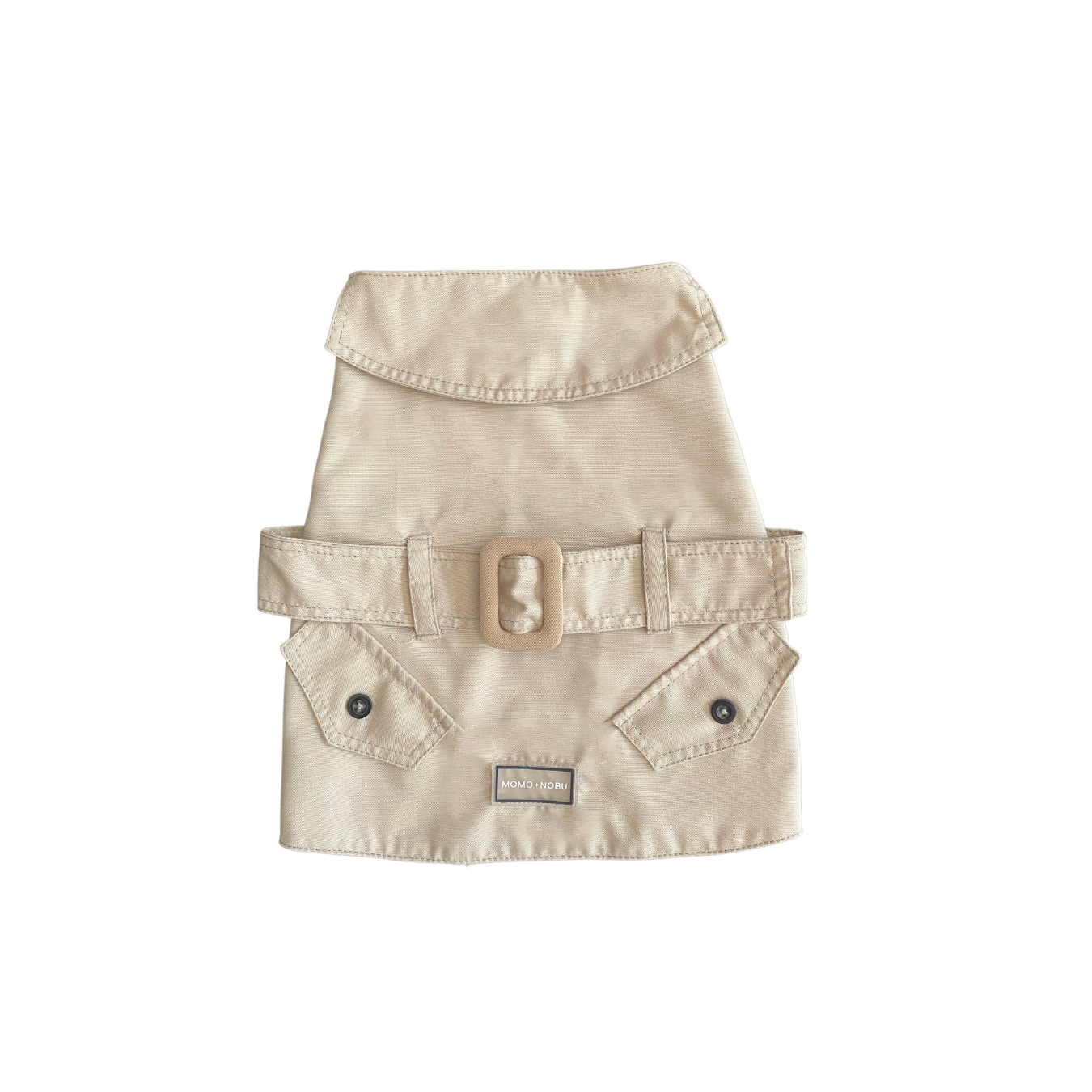 Beige dog vest with a belt and buckle on a white background