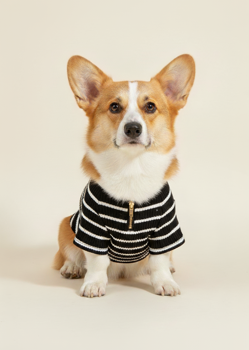 Dog wearing a black and white striped sweater on a beige background