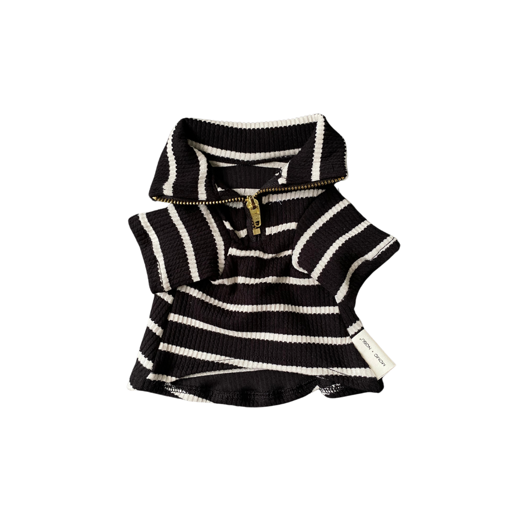 Black and white striped dog sweater on a white background