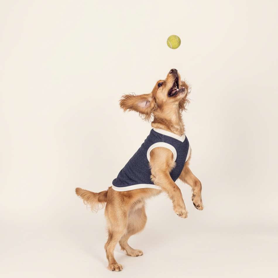 Dog in a blue sweater leaping to catch a yellow ball on a light beige background