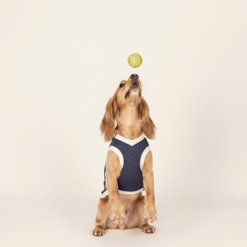 Dog wearing a blue harness catching a yellow ball on a beige background