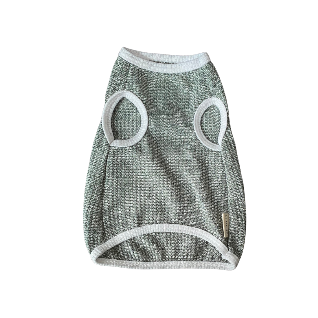 Gray mesh pet coat with white trim on a white background