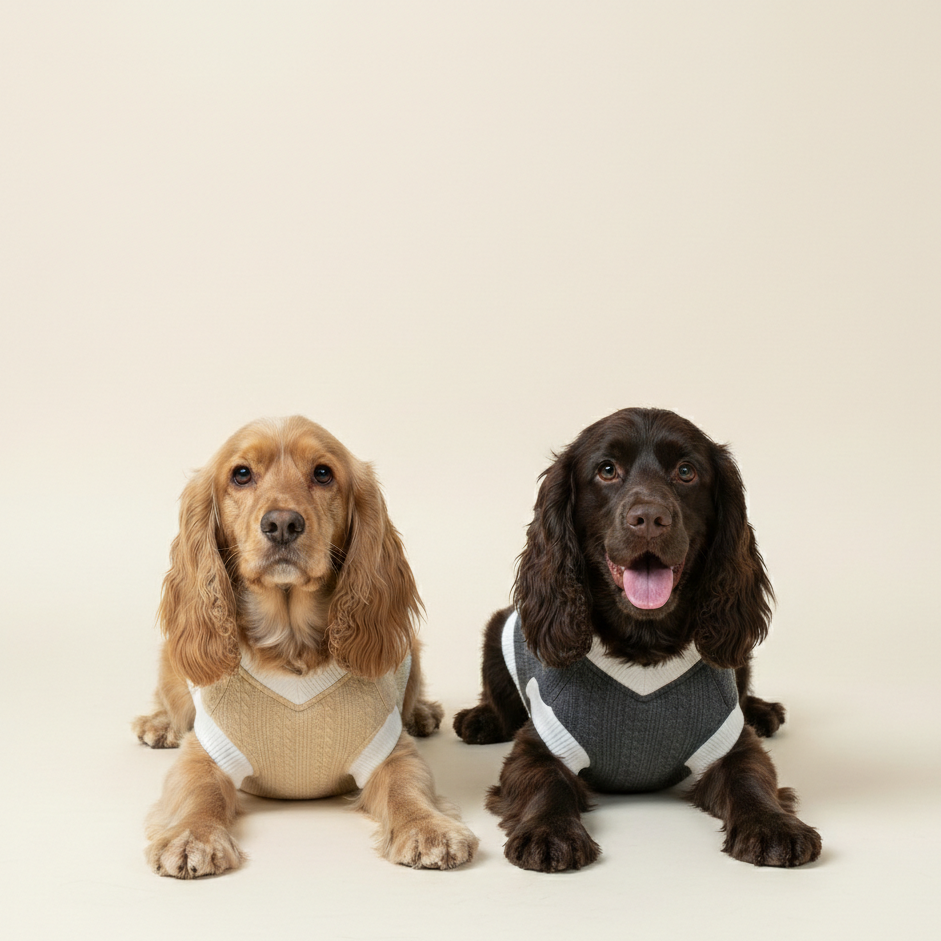 Two dogs wearing sweaters on a plain background