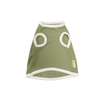Green pet dress with white trim on a white background