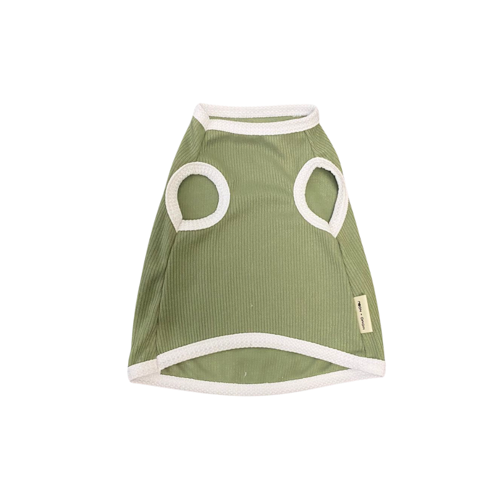 Green pet dress with white trim on a white background