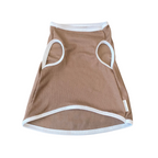 Brown pet dress with white trim on a white background
