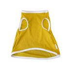 Yellow pet dress with white trim on a white background
