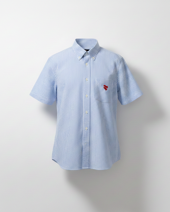 Light blue checkered shirt with a red heart emblem on a white background