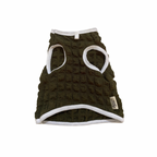 Dark green textured dog vest with white accents on a white background