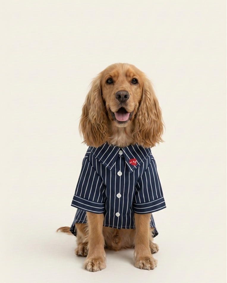 Dog wearing a navy pinstripe coat with a red heart patch on a white background