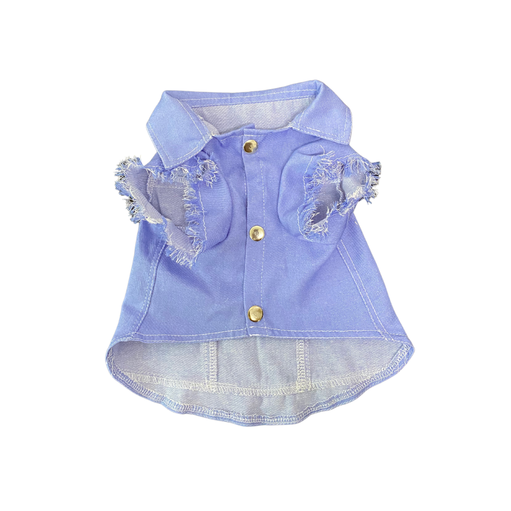 Light blue denim dress with ruffled details on a white background