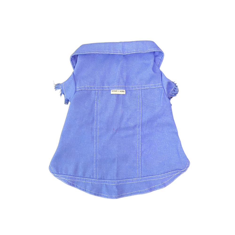 Blue denim dog dress on a white background
