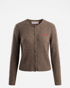 Brown ribbed sweater with a brand logo on a white background