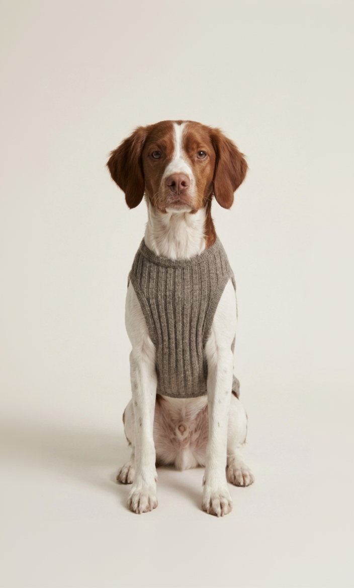 Dog wearing a brown knitted sweater on a white background