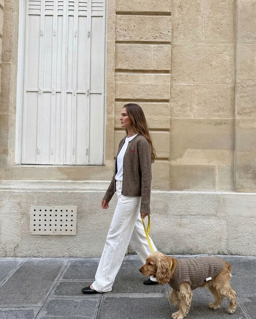 Woman walking a dog on a leash in an urban setting