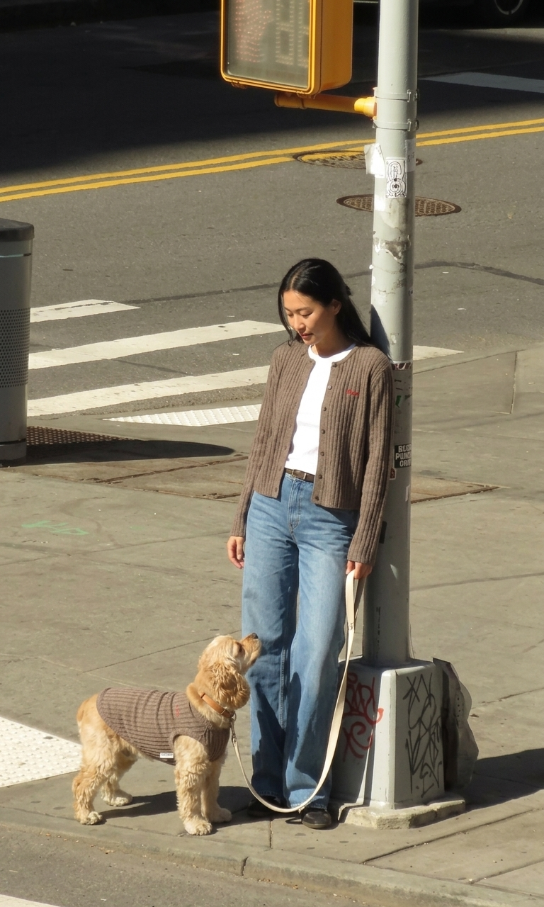 Woman standing on a sidewalk with a dog wearing a sweater
