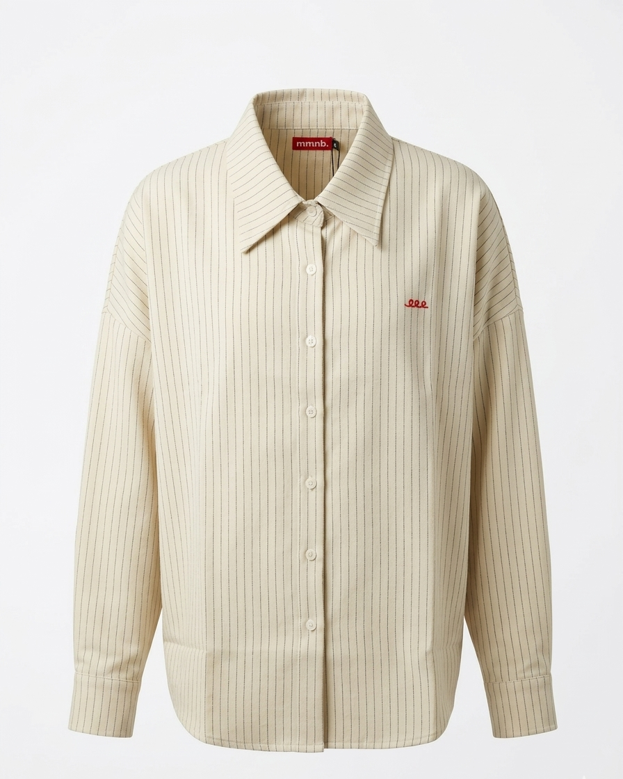 Beige striped shirt with a small logo on a white background