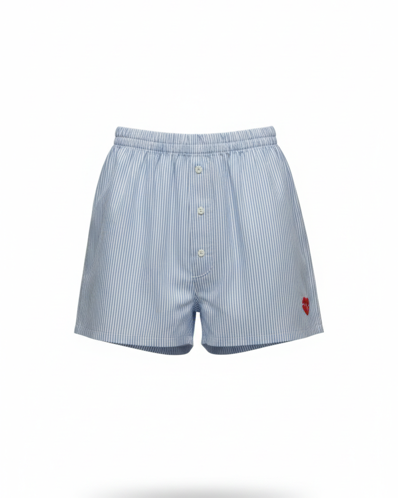 Light blue striped boxer shorts with a red heart logo on a white background