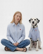 Person and Dalmatian dog wearing matching blue striped shirts on a white background