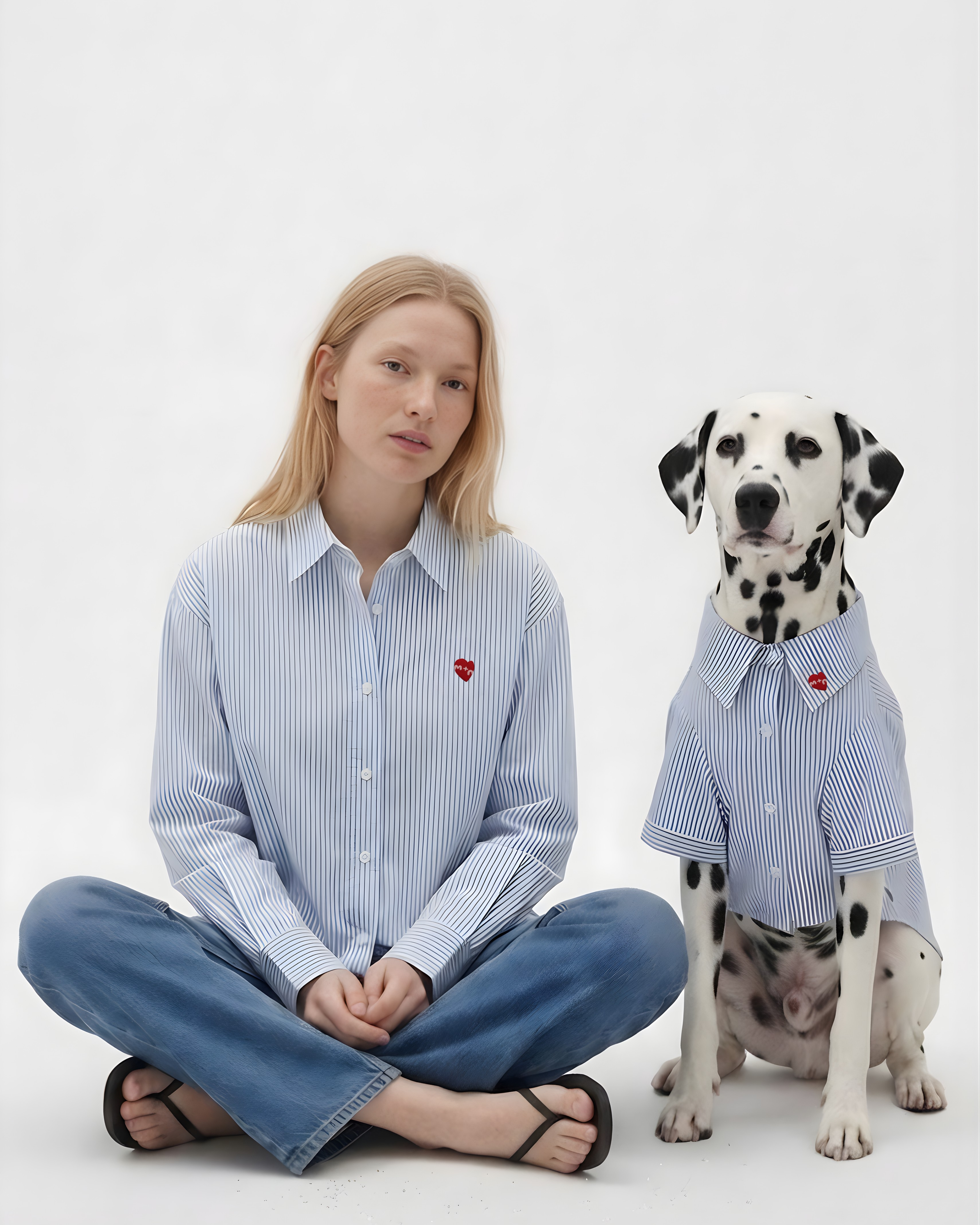 Person and Dalmatian dog wearing matching blue striped shirts on a white background