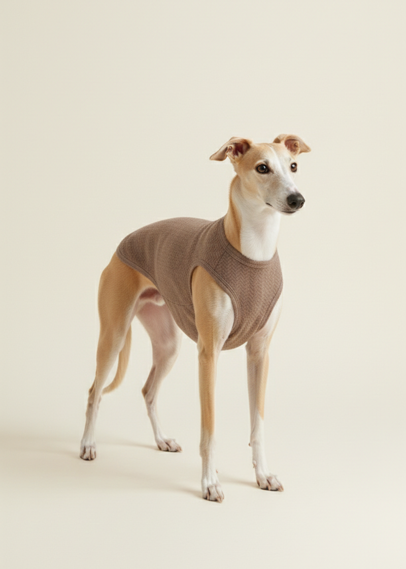 Dog wearing a brown sweater on a beige background