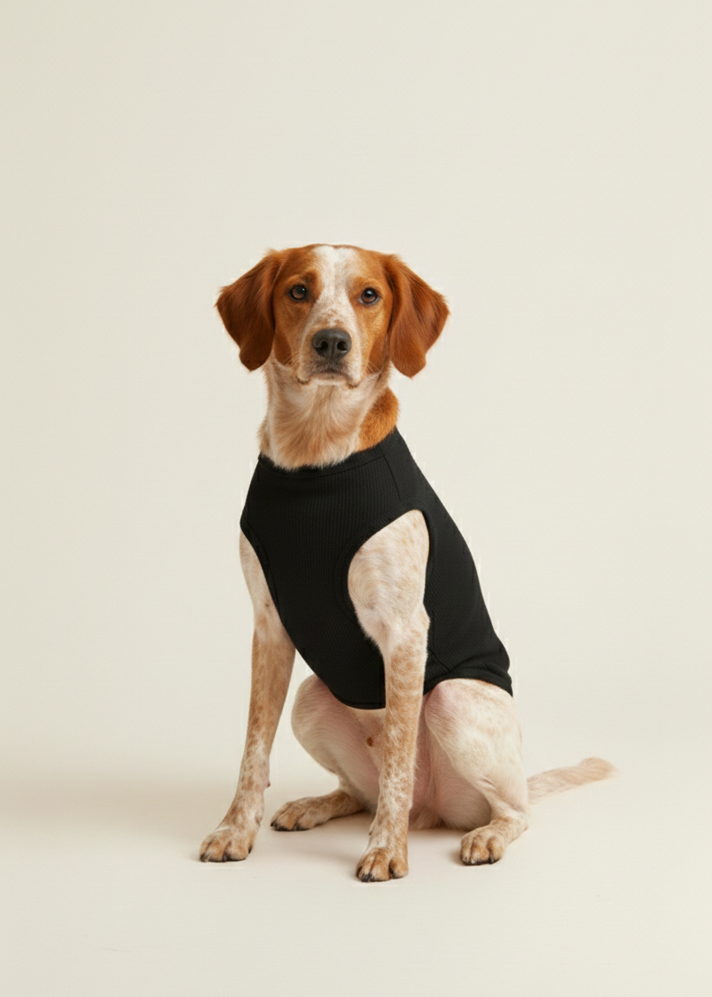 Dog wearing a black outfit on a beige background