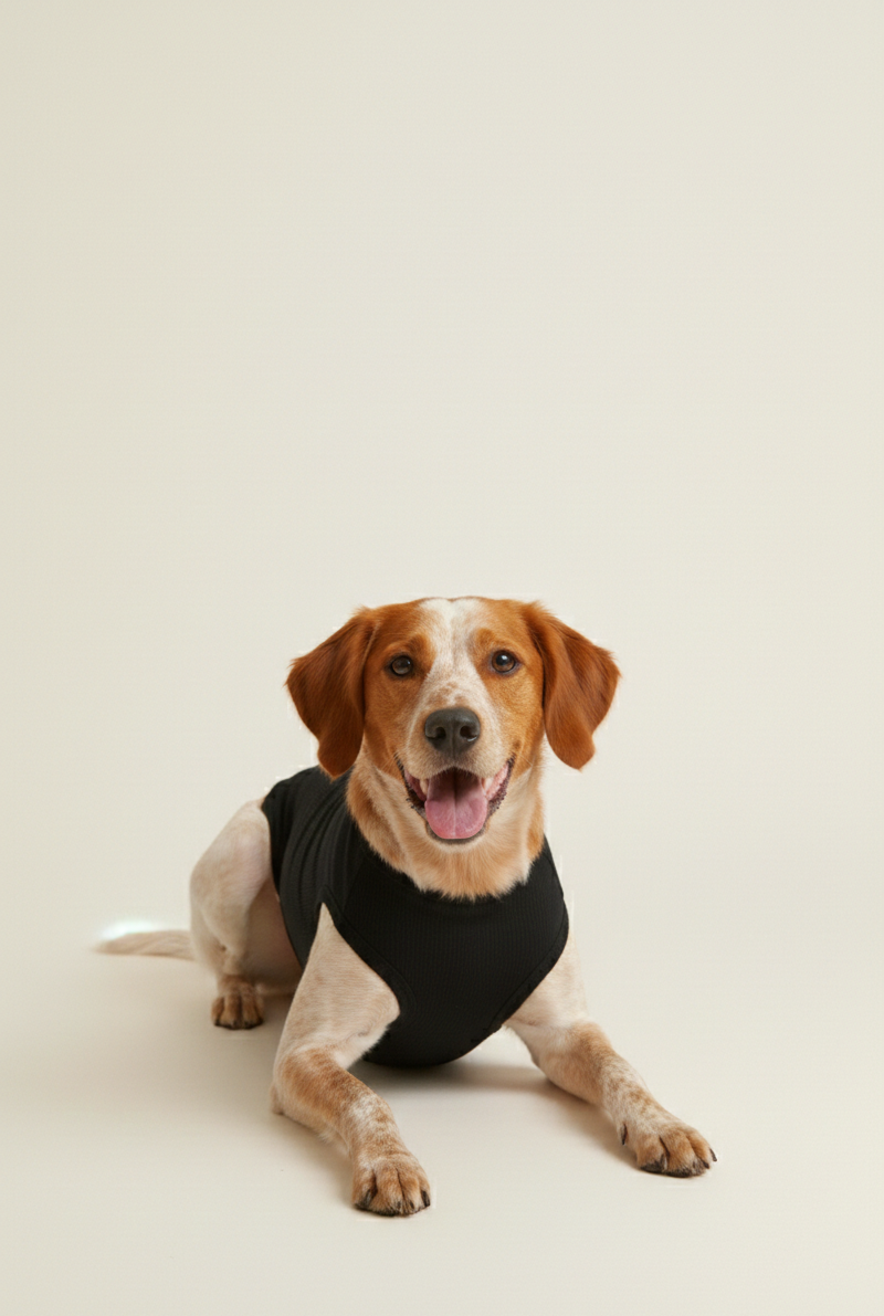 Dog wearing a black vest on a beige background