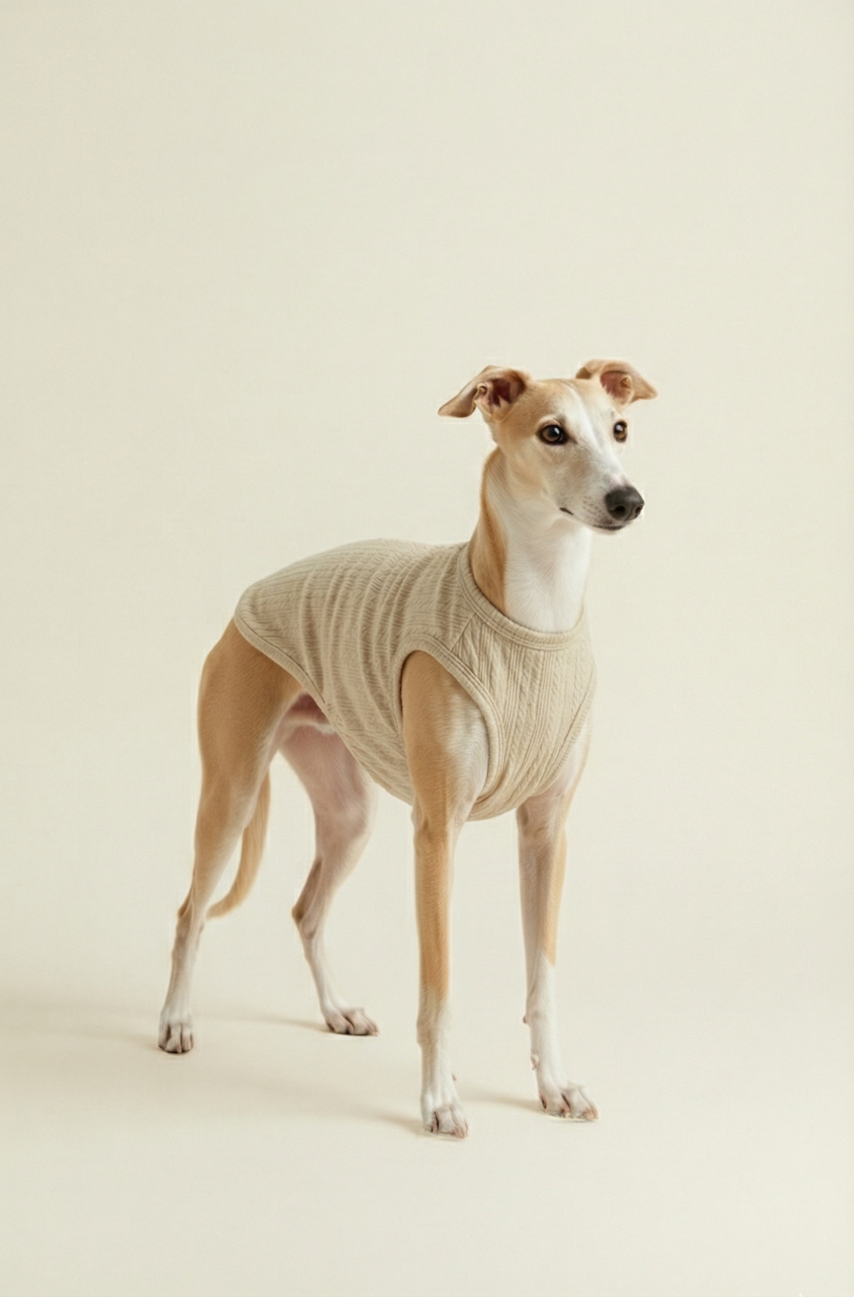 Dog wearing a beige sweater on a plain background