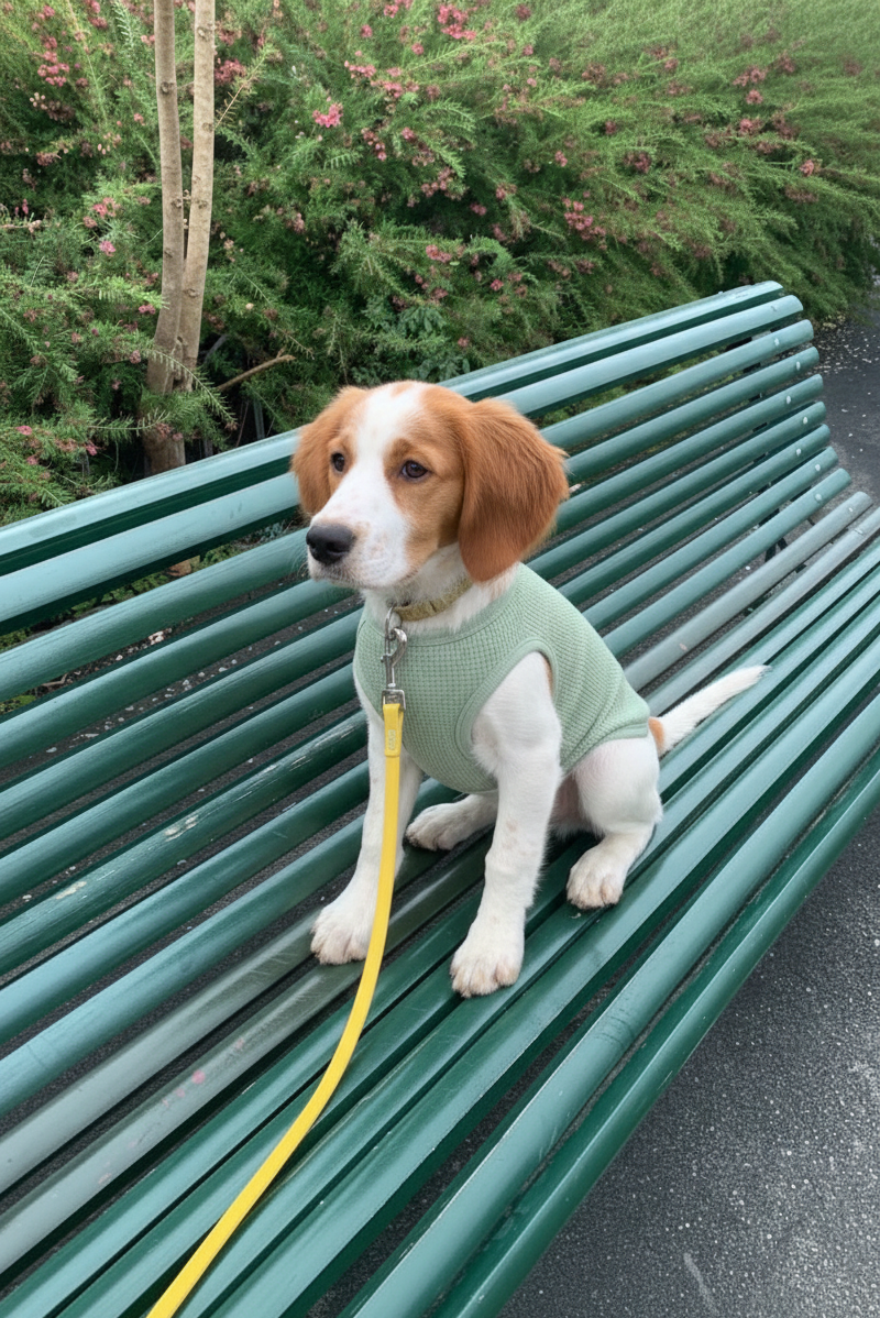 Dog in a green sweater sitting on a green bench with a yellow leash.