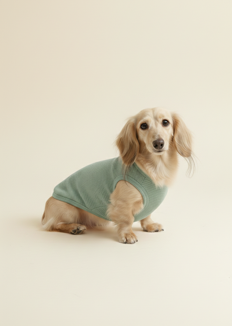 Dog wearing a green sweater on a beige background