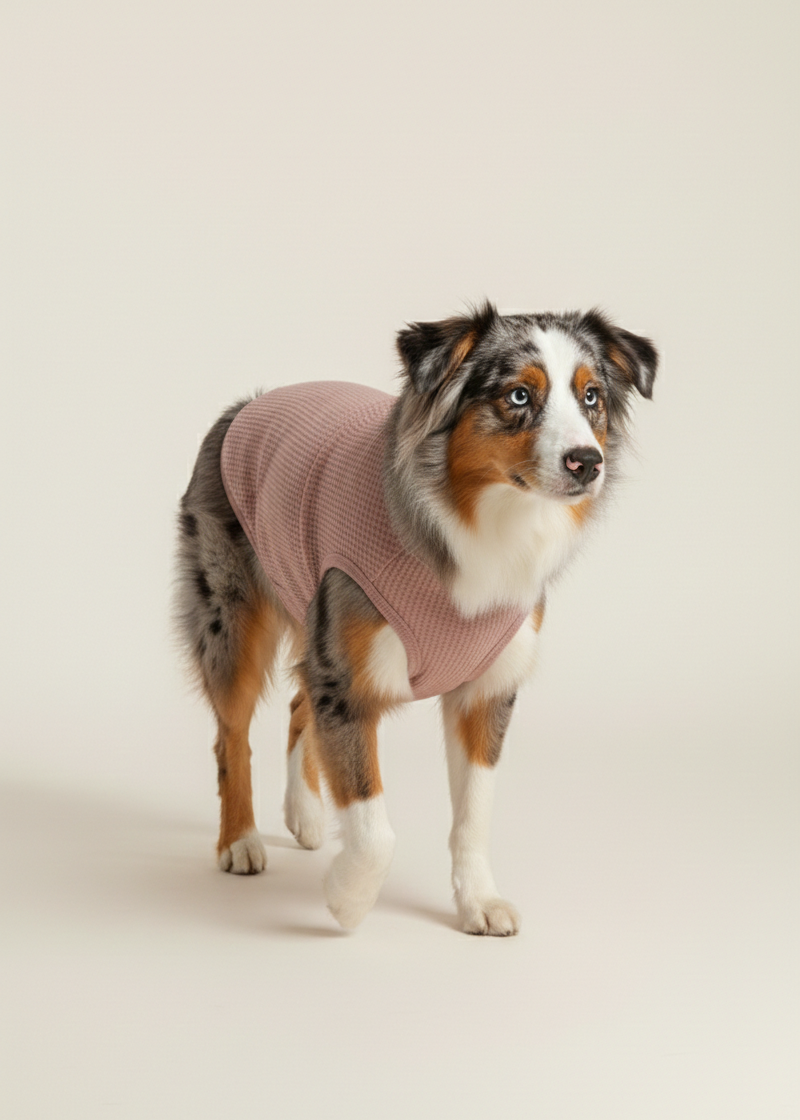 Dog wearing a pink sweater on a beige background