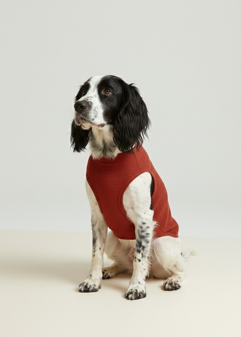 Dog wearing a red sweater on a plain background