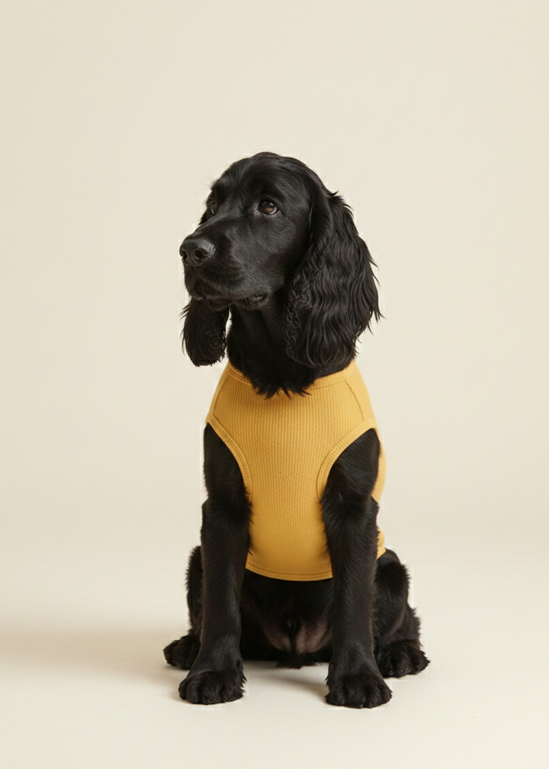 Black dog wearing a yellow sweater on a beige background
